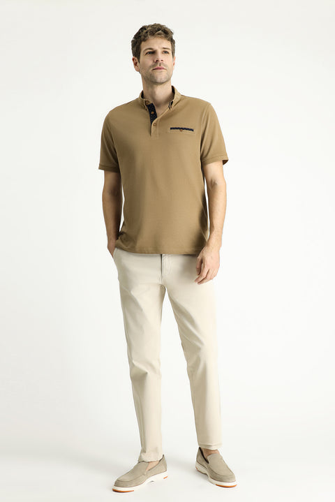 Medium Brown Polo Collar Regular Fit Patterned Cotton T-shirt