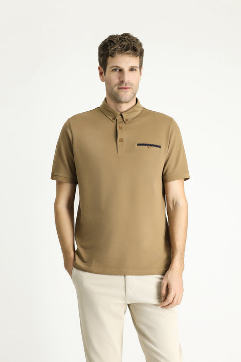 Medium Brown Polo Collar Regular Fit Patterned Cotton T-shirt