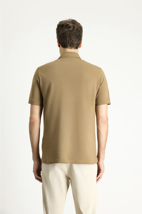 Medium Brown Polo Collar Regular Fit Patterned Cotton T-shirt