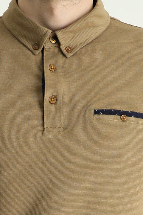 Medium Brown Polo Collar Regular Fit Patterned Cotton T-shirt