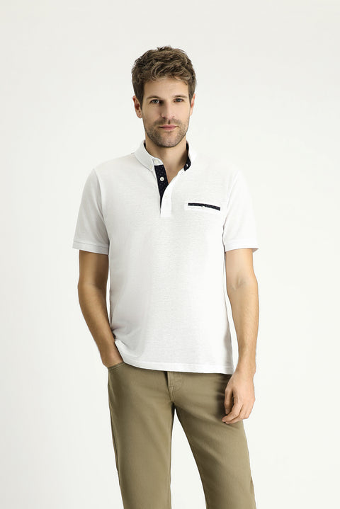 White Polo Collar Regular Fit Patterned Cotton T-shirt