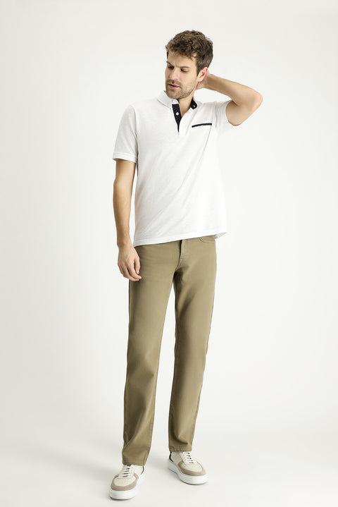 White Polo Collar Regular Fit Patterned Cotton T-shirt