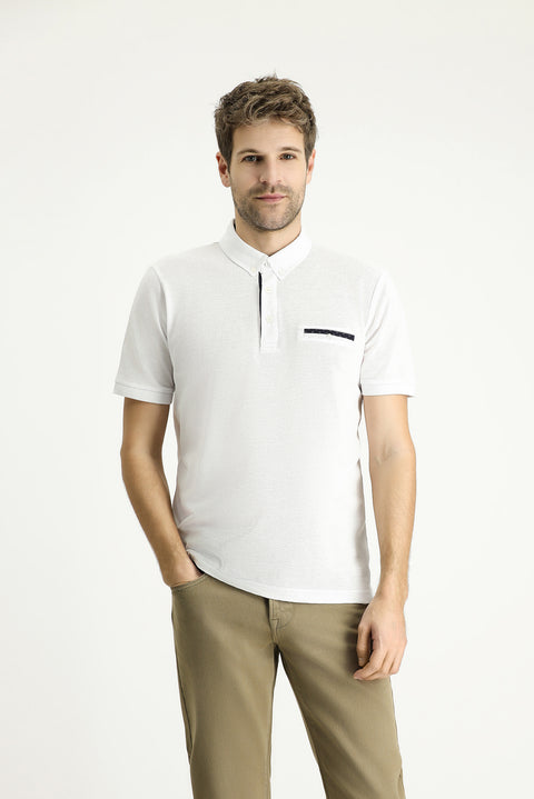 White Polo Collar Regular Fit Patterned Cotton T-shirt