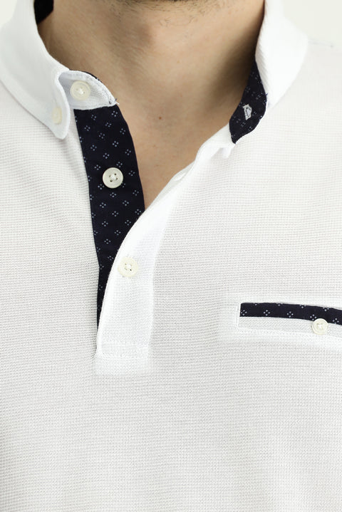 White Polo Collar Regular Fit Patterned Cotton T-shirt