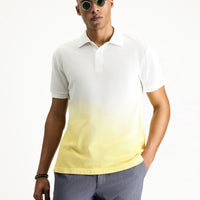 Lemon Yellow Regular Fit Patterned Embroidered Cotton Polo Shirt