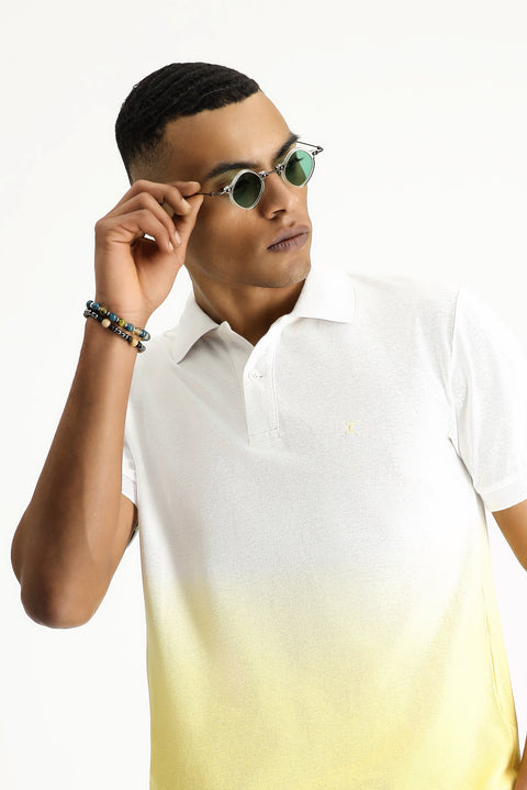 Lemon Yellow Regular Fit Patterned Embroidered Cotton Polo Shirt