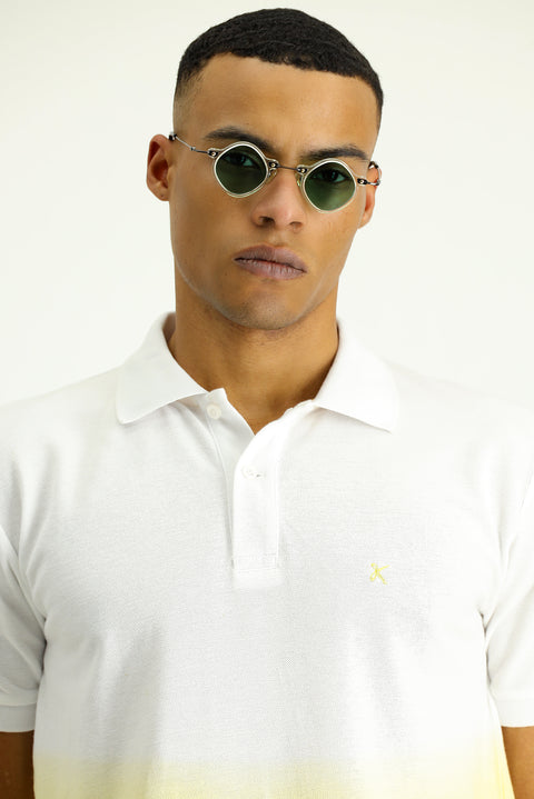 Lemon Yellow Regular Fit Patterned Embroidered Cotton Polo Shirt