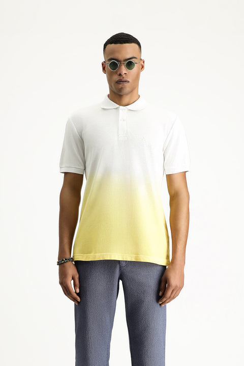 Lemon Yellow Regular Fit Patterned Embroidered Cotton Polo Shirt