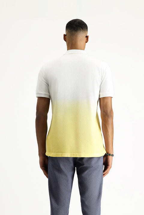Lemon Yellow Regular Fit Patterned Embroidered Cotton Polo Shirt