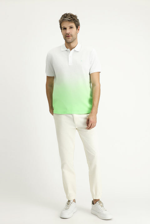 Grass Green Regular Fit Patterned Embroidered Cotton Polo Shirt
