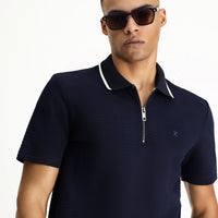 Dark Navy Polo Collar Regular Fit Zip-Up Cotton T-Shirt with Pattern and Embroidery