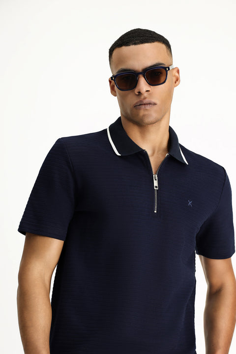 Dark Navy Polo Collar Regular Fit Zip-Up Cotton T-Shirt with Pattern and Embroidery