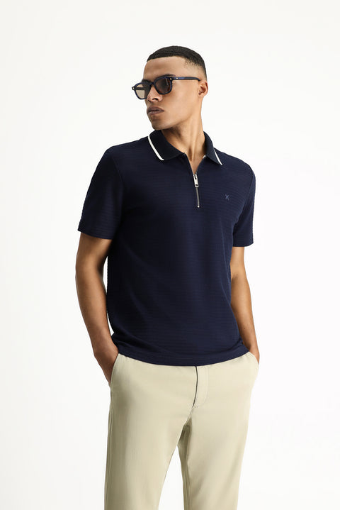 Dark Navy Polo Collar Regular Fit Zip-Up Cotton T-Shirt with Pattern and Embroidery