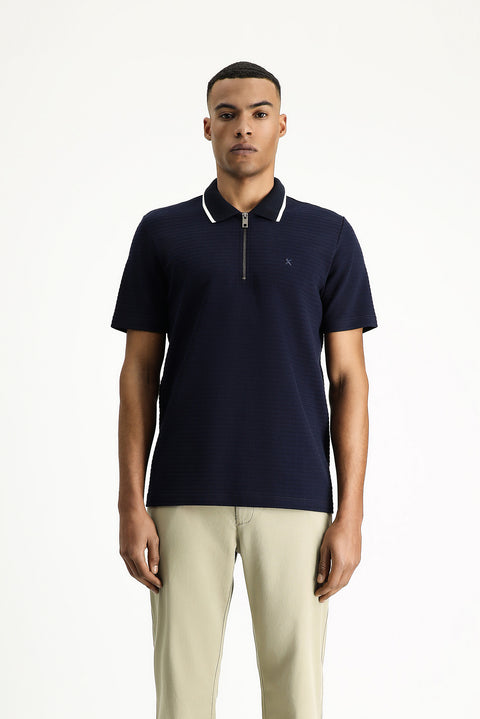 Dark Navy Polo Collar Regular Fit Zip-Up Cotton T-Shirt with Pattern and Embroidery