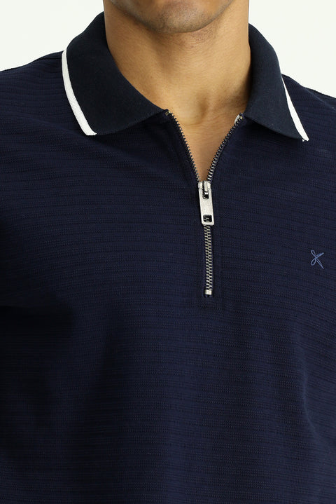Dark Navy Polo Collar Regular Fit Zip-Up Cotton T-Shirt with Pattern and Embroidery