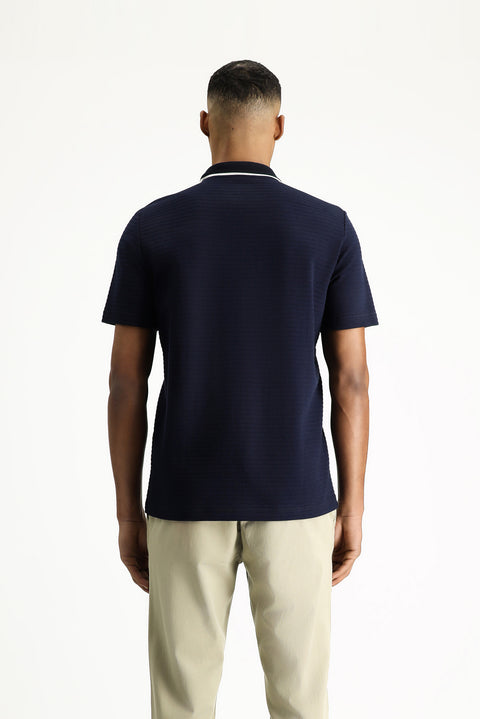 Dark Navy Polo Collar Regular Fit Zip-Up Cotton T-Shirt with Pattern and Embroidery