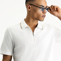 White Polo Collar Regular Fit Zip-Up Patterned Embroidered Cotton T-Shirt