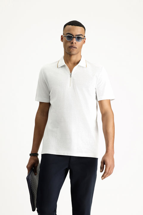 White Polo Collar Regular Fit Zip-Up Patterned Embroidered Cotton T-Shirt