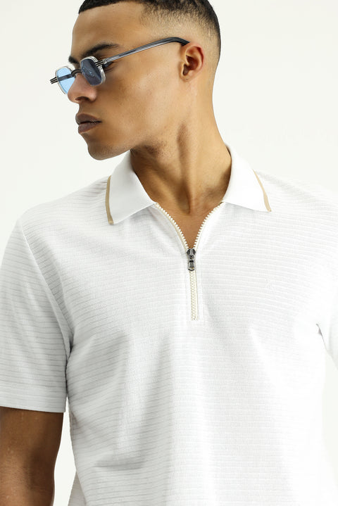 White Polo Collar Regular Fit Zip-Up Patterned Embroidered Cotton T-Shirt