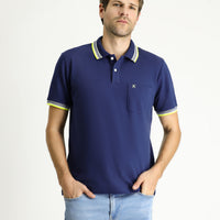 Medium Navy Polo Collar Regular Fit Patterned Embroidered Cotton T-Shirt