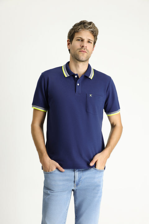 Medium Navy Polo Collar Regular Fit Patterned Embroidered Cotton T-Shirt
