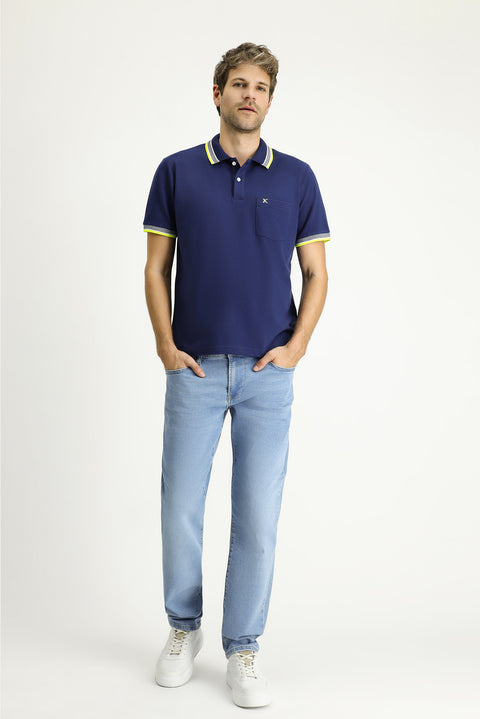 Medium Navy Polo Collar Regular Fit Patterned Embroidered Cotton T-Shirt