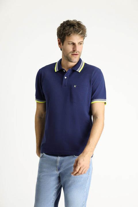 Medium Navy Polo Collar Regular Fit Patterned Embroidered Cotton T-Shirt