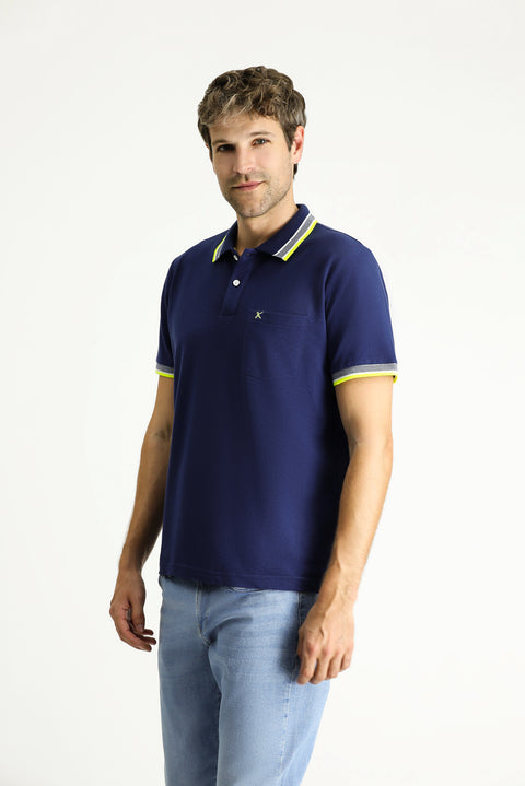 Medium Navy Polo Collar Regular Fit Patterned Embroidered Cotton T-Shirt