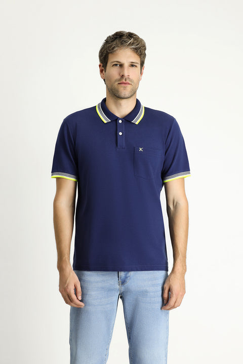 Medium Navy Polo Collar Regular Fit Patterned Embroidered Cotton T-Shirt