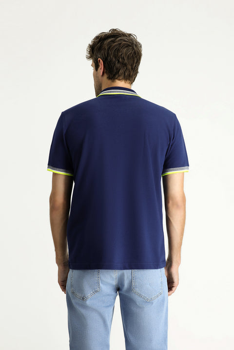 Medium Navy Polo Collar Regular Fit Patterned Embroidered Cotton T-Shirt