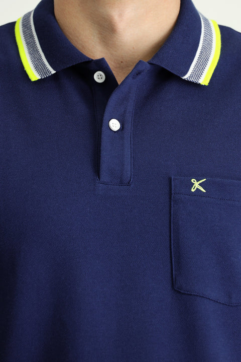 Medium Navy Polo Collar Regular Fit Patterned Embroidered Cotton T-Shirt