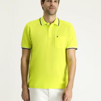 Lime Polo Collar Regular Fit Patterned Embroidered Cotton T-shirt