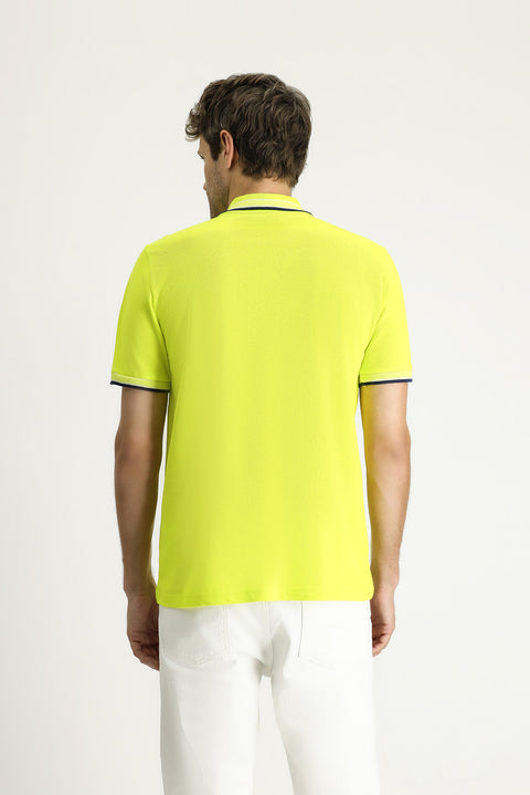 Lime Polo Collar Regular Fit Patterned Embroidered Cotton T-shirt