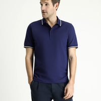 Medium Navy Polo Collar Regular Fit Patterned Cotton T-shirt