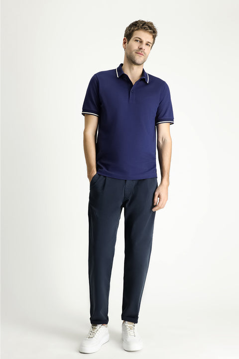 Medium Navy Polo Collar Regular Fit Patterned Cotton T-shirt