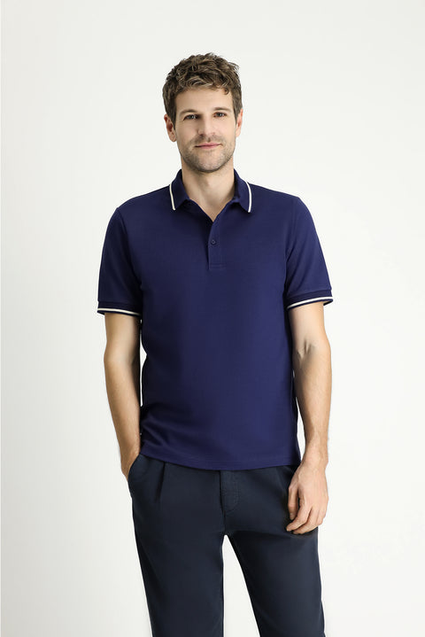 Medium Navy Polo Collar Regular Fit Patterned Cotton T-shirt