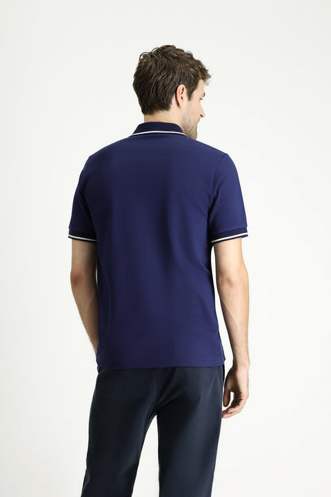 Medium Navy Polo Collar Regular Fit Patterned Cotton T-shirt
