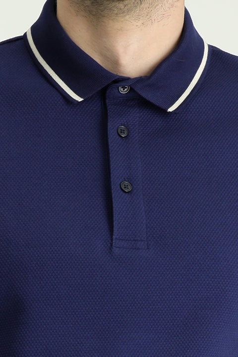 Medium Navy Polo Collar Regular Fit Patterned Cotton T-shirt