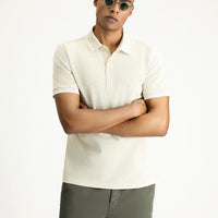 Light Beige Polo Collar Regular Fit Patterned Cotton T-shirt