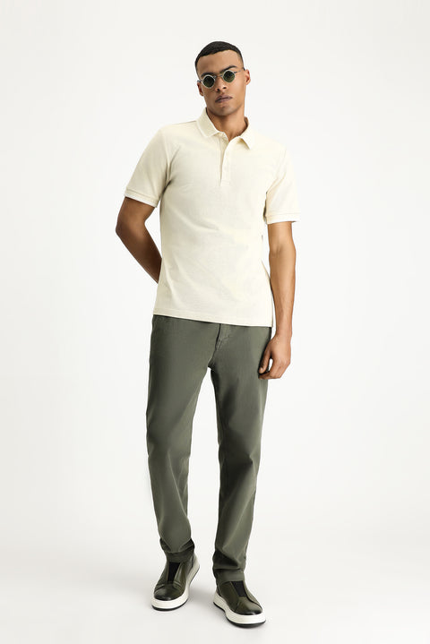 Light Beige Polo Collar Regular Fit Patterned Cotton T-shirt