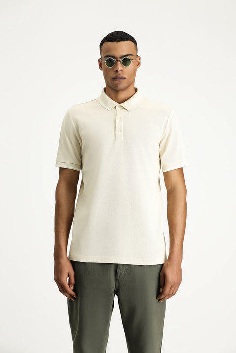 Light Beige Polo Collar Regular Fit Patterned Cotton T-shirt