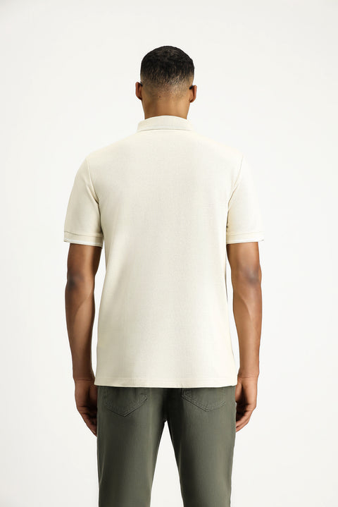 Light Beige Polo Collar Regular Fit Patterned Cotton T-shirt