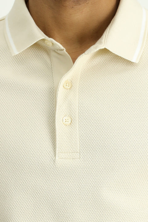 Light Beige Polo Collar Regular Fit Patterned Cotton T-shirt