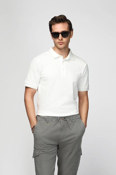 Off-white Polo Collar Regular Fit Patterned Cotton T-shirt