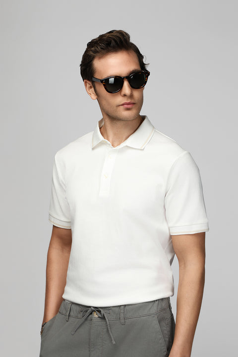 Off-white Polo Collar Regular Fit Patterned Cotton T-shirt