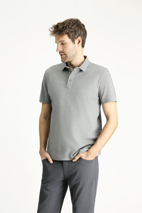 Medium Grey Polo Collar Regular Fit Patterned Cotton T-shirt