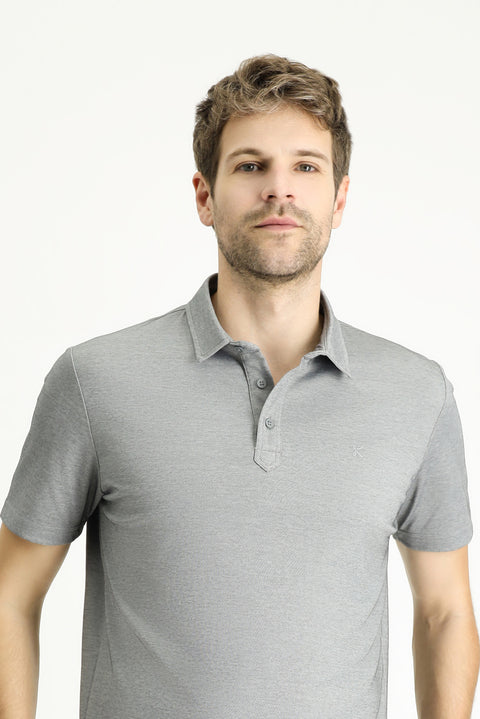 Medium Grey Polo Collar Regular Fit Patterned Cotton T-shirt