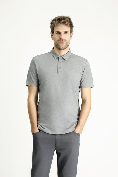 Medium Grey Polo Collar Regular Fit Patterned Cotton T-shirt