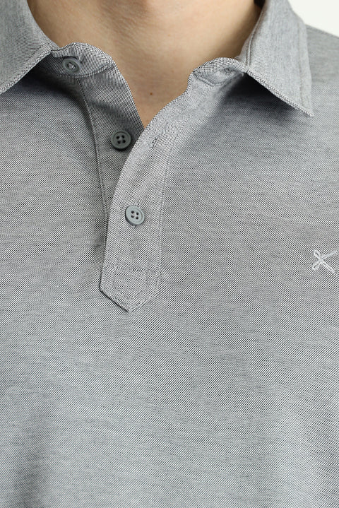 Medium Grey Polo Collar Regular Fit Patterned Cotton T-shirt