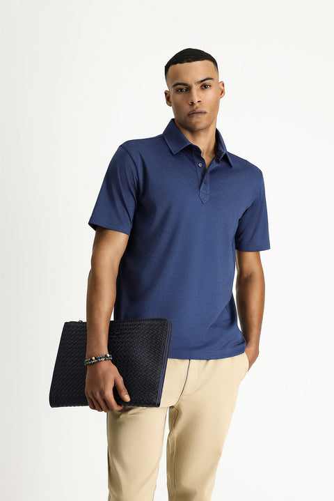 Medium Navy Melange Polo Collar Regular Fit Patterned Cotton T-shirt